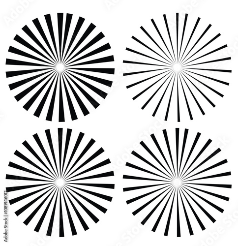 Radial circle lines. Circular lines elements. Symbol of Sun star rays. Holiday celebration firework fire crackers vector icon set. Abstract spokes with radiating s design element. Vector illustration.