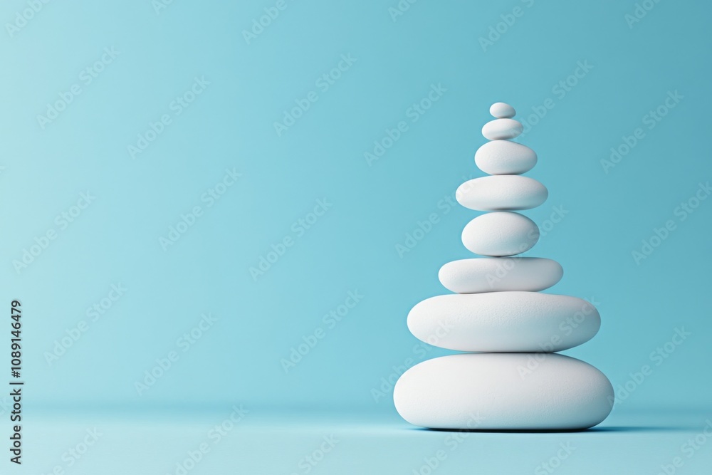Tranquil white pebble pyramid on soft blue background with orderly arrangement, varied sizes, and peaceful vibe. Tranquil white pebble pyramid on soft blue background with orderly arrangement, varied sizes, and peaceful vibe.