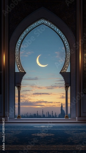 Eid Mubarak and Ramadan Kareem greetings with an Islamic arch for wallpaper and background, a crescent moon in the sky, and a view of a mosque window. generative ai