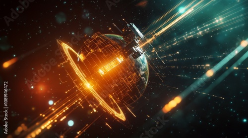 Fototapeta Naklejka Na Ścianę i Meble -  Digital Space Station Orbiting Planet