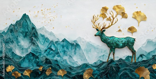 The turquoise deer and leaves on white marble are depicted in this canvas drawing art as a wall poster. photo