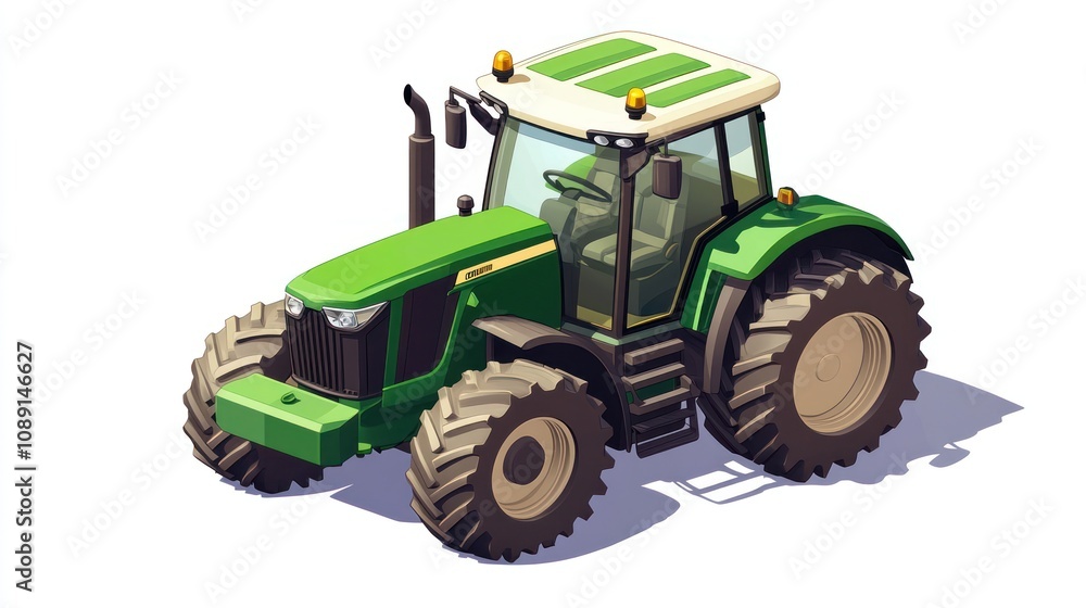 A green tractor designed for agricultural tasks, featuring large tires and a spacious cabin. A green tractor designed for agricultural tasks, featuring large tires and a spacious cabin.