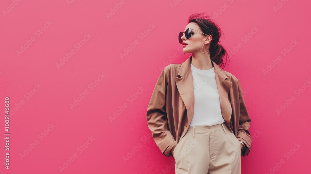 Stylish Young Woman Posing Against Vibrant Pink Wall, Wearing Sunglasses and Casual Fashionable Attire, Exuding Confidence and Contemporary Elegance Stylish Young Woman Posing Against Vibrant Pink Wall, Wearing Sunglasses and Casual Fashionable Attire, Exuding Confidence and Contemporary Elegance