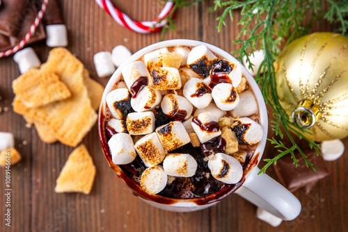 Mug with S`mores hot chocolate or coffee, thick smores hot cocoa or latte drink with toasted marshmallow, graham cracker and chocolate topping photo