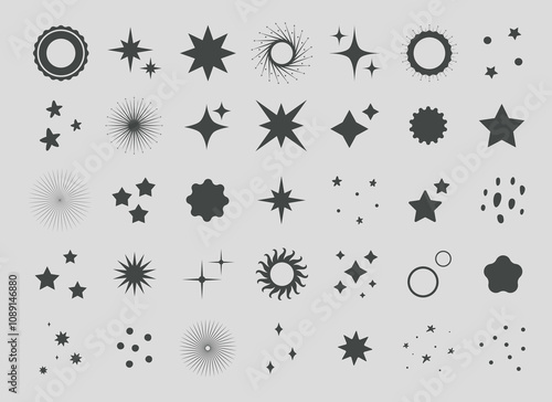 Retro sparkle icons collection. Set of star shapes. Abstract simple shine effect sign vector design. Templates for design, posters, projects, banners, logo, and business cards. Lighting effects. Magic