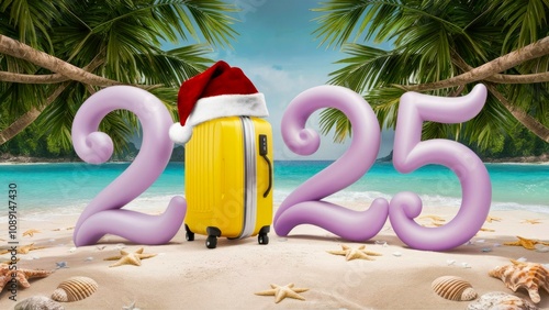 Wallpaper Mural Purple "2025" featuring yellow travel luggage, santa hat, seashells, and a tropical beach scene. Ideal for vacation-themed New Year greetings. Torontodigital.ca