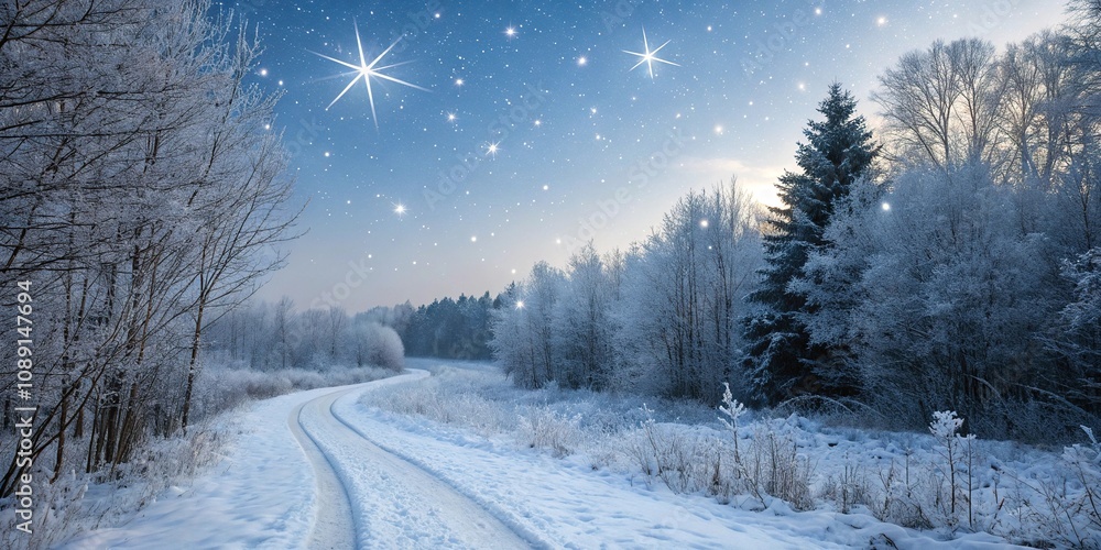 Snowflakes gently falling onto a winding forest path lined with frosty trees and radiant starlight twinkling above, frozen landscape, winter wonderland, celestial display Snowflakes gently falling onto a winding forest path lined with frosty trees and radiant starlight twinkling above, frozen landscape, winter wonderland, celestial display