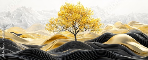 A 3D modern canvas art mural wallpaper landscape with golden christmas trees, wavy mountains, and a gray backdrop.