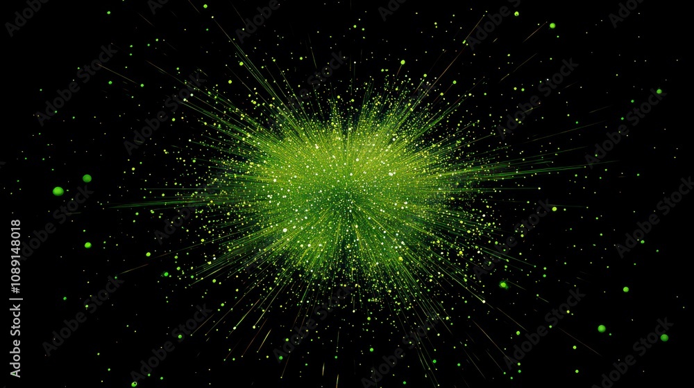 Particle Explosion, green particles radiating outward from a central point in a black void Particle Explosion, green particles radiating outward from a central point in a black void