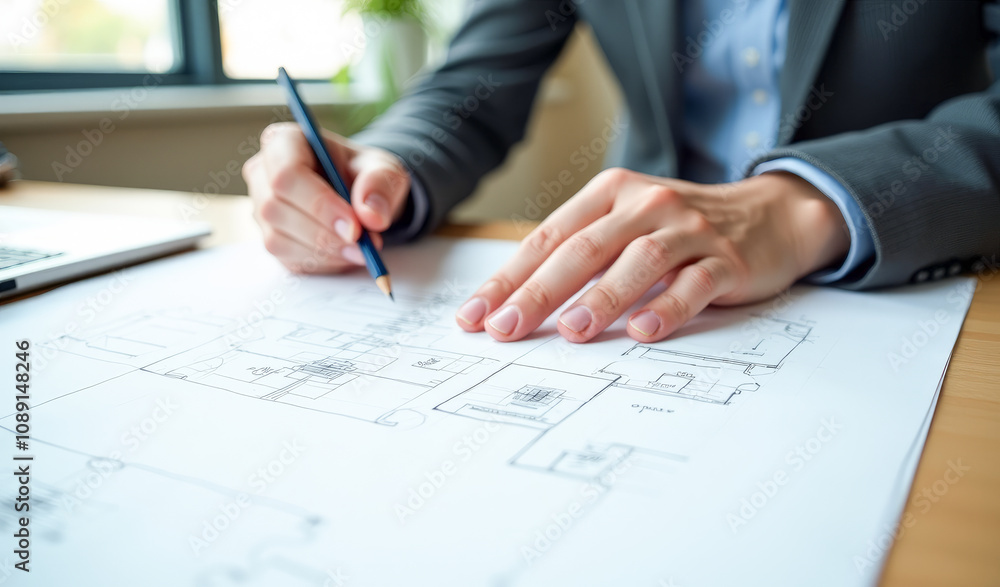 The architect's hand draws a building plan , close-up