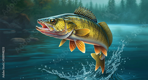 Walleye Fish in the Water, Stream or River, Isolated Nature Wildlife Fishing Angler Illustration
