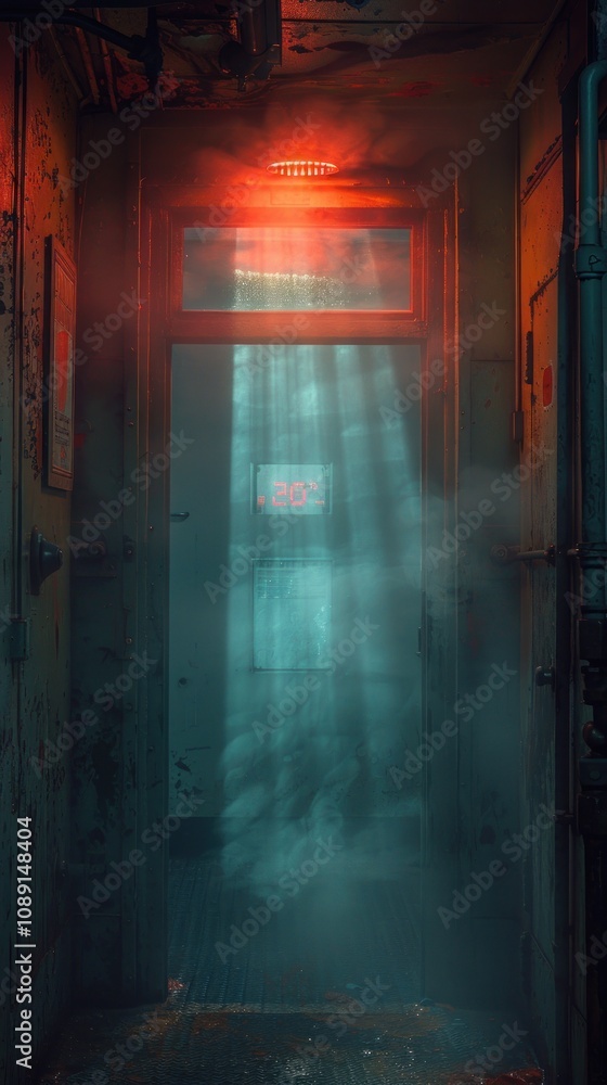 Obraz premium Dark and Foggy Industrial Corridor with Red Light