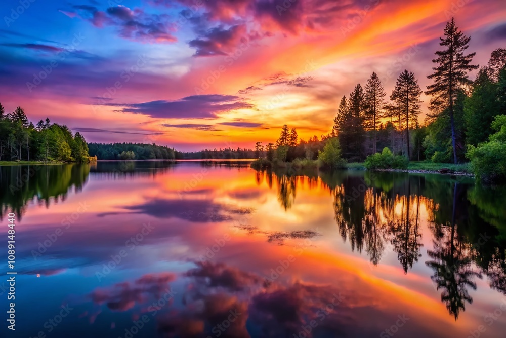 Obraz premium Captivating Twilight Serenity at the Lake - A Portrait of Nature's Beauty with Soft Reflections and Tranquil Colors Captured During the Golden Hour
