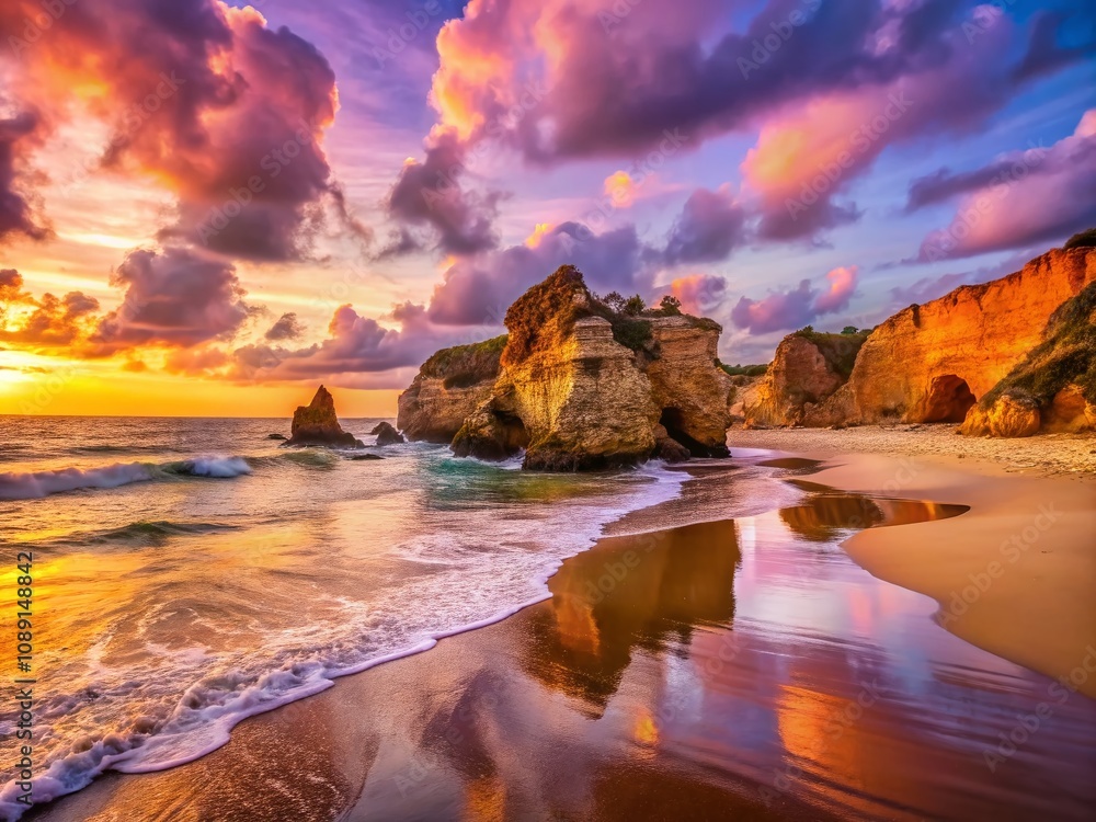 Naklejka premium Captivating View of Praia da Rocha in Portimao: Golden Sands Meet Azure Waves at Sunset, Showcasing Scenic Cliffs and Vibrant Sky in a Picturesque Coastal Landscape