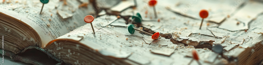 A trail of sharp thumbtacks leads from a cracked open book to a frustrated-looking person. A trail of sharp thumbtacks leads from a cracked open book to a frustrated-looking person.