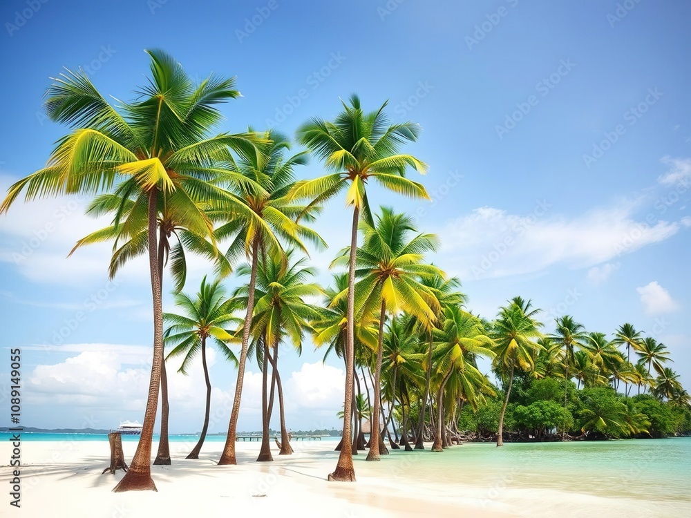Lush green palm trees standing tall on a pristine tropical sandy beach with crystal clear waters, coastal view, lush greenery Lush green palm trees standing tall on a pristine tropical sandy beach with crystal clear waters, coastal view, lush greenery