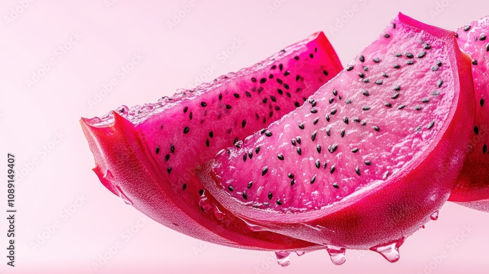 Vibrant pink dragon fruit slices with droplets against a soft pink background. Vibrant pink dragon fruit slices with droplets against a soft pink background.