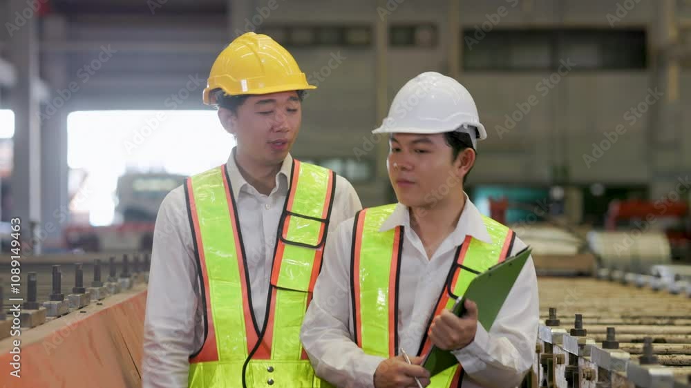 Slowmotion Asian man team engineer worker working control sheet metal roof tile roll forming machine at metal sheet profiling factory. Industrial production. Unity and teamwork Slowmotion Asian man team engineer worker working control sheet metal roof tile roll forming machine at metal sheet profiling factory. Industrial production. Unity and teamwork