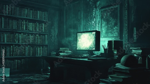 Gothic computer desk with a glowing monitor, weathered books, and a darkly elegant ambiance with deep shadows.