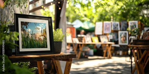 Fototapeta Naklejka Na Ścianę i Meble -  An outdoor scene showcasing a print mock-up displayed at an art fair, emphasizing creativity