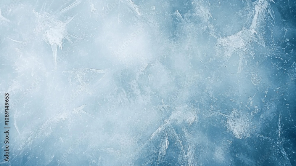 Fototapeta premium Frozen surface close-up with light blue ice texture showcasing intricate details and dynamic white lines creating movement and depth.