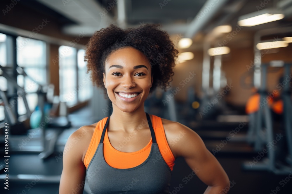 Fototapeta premium Smiling portrait of a young African American female fitness trainer in gym