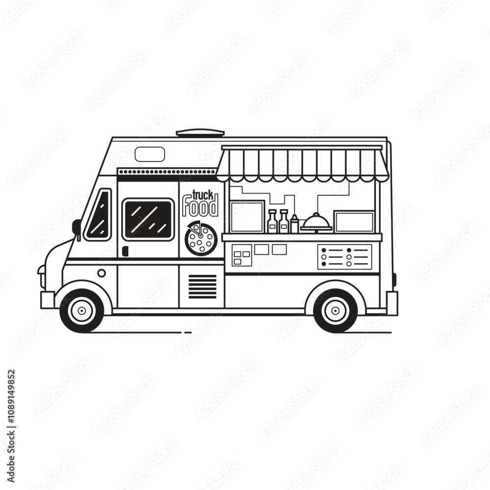 Street Food Truck Selling Pizza in Line Art