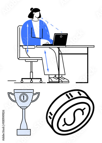 Woman sitting and working on a laptop at a desk with directional arrows. Trophy and dollar coin symbolizing success and financial gain. Ideal for business, productivity, achievement, finance