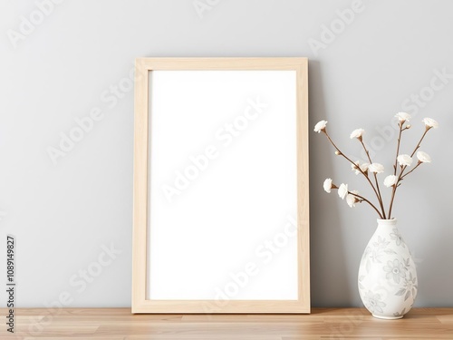 A blank picture frame with a thin, pale wood border leans against a muted gray wall, alongside a delicate white floral-patterned vase, gray wall, light wood, picture frame