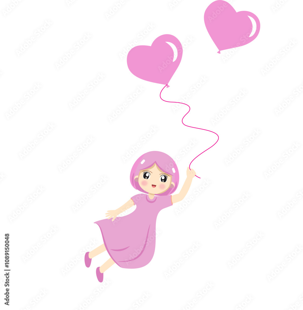 girl in pink dress flying holding balloons girl in pink dress flying holding balloons