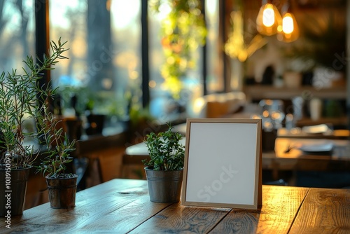 A cozy cafe scene featuring a blank frame on a wooden table, surrounded by potted plants and warm lighting.