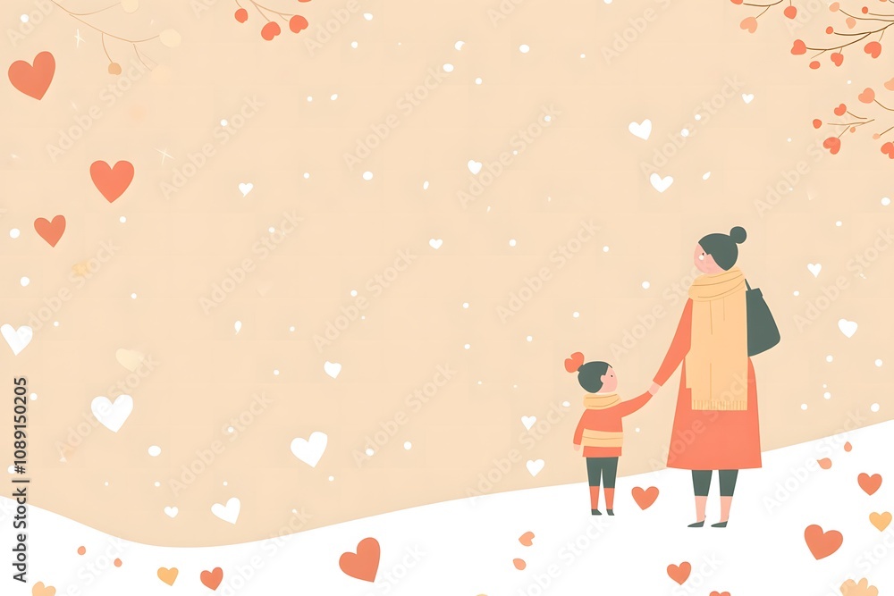 Heartwarming Illustration of a Mother and Child Holding Hands in a Cozy Winter Scene Surrounded by Falling Hearts and Delicate Snowflakes Heartwarming Illustration of a Mother and Child Holding Hands in a Cozy Winter Scene Surrounded by Falling Hearts and Delicate Snowflakes