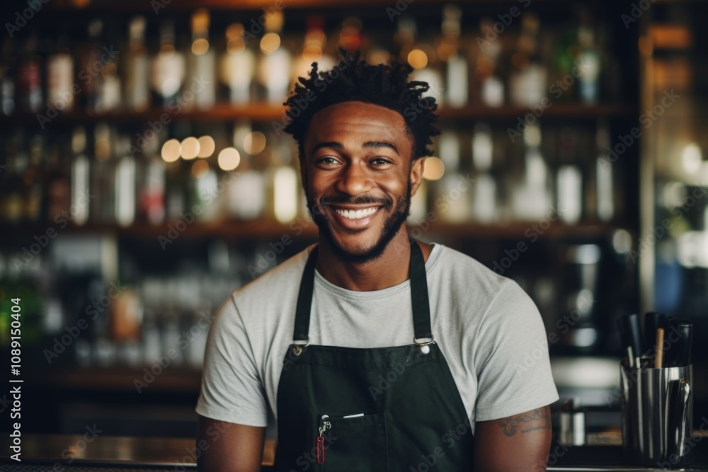 Smiling portrait of a young African American male bartender