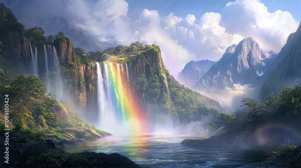 Fototapeta premium Majestic Rainbow Waterfall in a Serene Mountain Valley