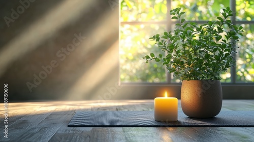 Serene Indoor Setting with Candle and Potted Plant Surrounded by Natural Light Streaming Through Large Window