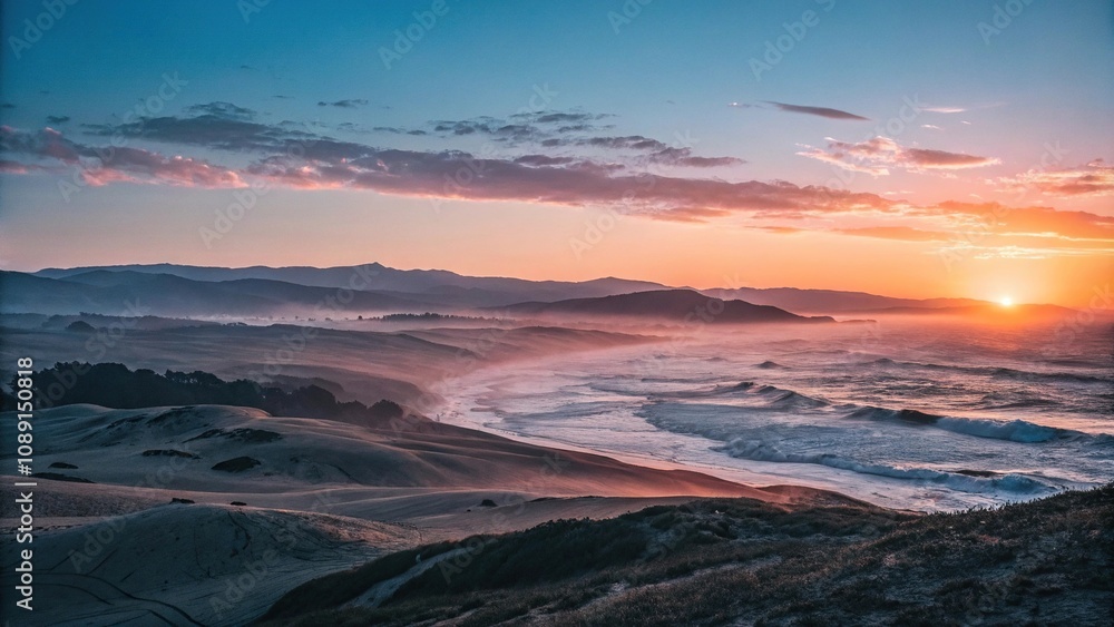 Fototapeta premium The sun rises slowly over the rolling hills and waves of the ocean at morning break, ocean horizon, soft focus, peaceful scene, gentle sunrise