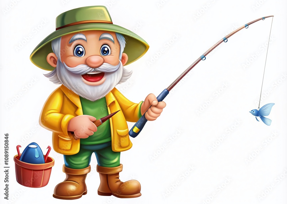 Cartoon Fisherman Character on White Background with Copy Space for Creative Designs and Marketing Purposes, Perfect for Fishing Themes and Illustrations for Children or Animation Projects Cartoon Fisherman Character on White Background with Copy Space for Creative Designs and Marketing Purposes, Perfect for Fishing Themes and Illustrations for Children or Animation Projects