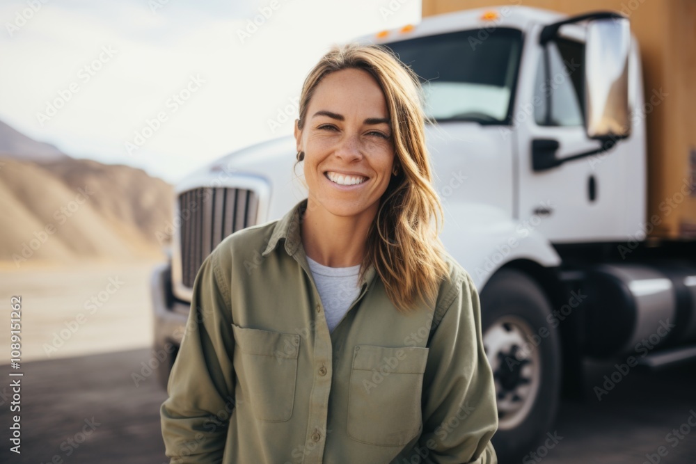 Smiling portrait of a middle aged Caucasian female truck driver Smiling portrait of a middle aged Caucasian female truck driver