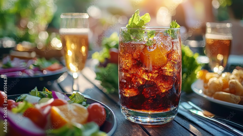 A refreshing drink sits on a table surrounded by colorful salads and snacks, with sunlight creating a warm, inviting atmosphere. A refreshing drink sits on a table surrounded by colorful salads and snacks, with sunlight creating a warm, inviting atmosphere.