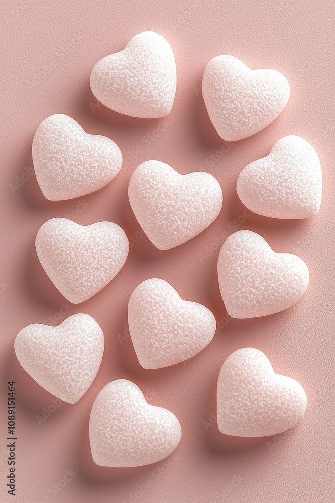 Obraz premium heart emotion minimalist romance. Delicate pink heart-shaped candies arranged artistically on a soft pink background.