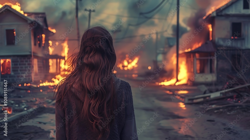 A person stands amidst a burning city, surrounded by destruction and chaos, evoking a sense of loss and despair. A person stands amidst a burning city, surrounded by destruction and chaos, evoking a sense of loss and despair.
