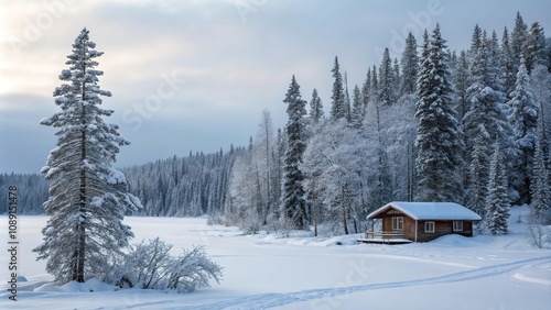 Snowy forest surroundings of a fishing cabin near the North Pole, snowflakes gently falling, rustic decor