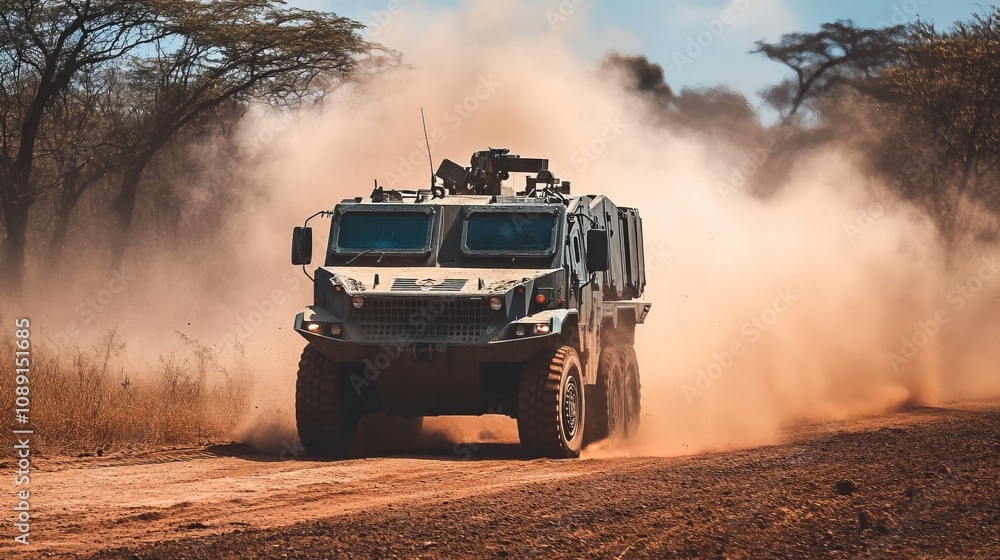 Military Vehicle Navigating Dusty Terrain in a Desert Landscape. Powerful and Robust Off-Road Transport Military Vehicle Navigating Dusty Terrain in a Desert Landscape. Powerful and Robust Off-Road Transport