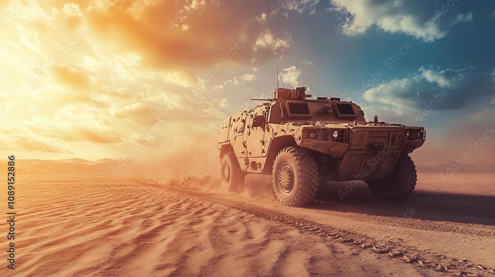 Military Armored Vehicle in the Desert Sunset - Powerful Defense in Action Military Armored Vehicle in the Desert Sunset - Powerful Defense in Action