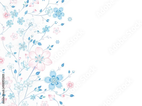 Delicate blue and pink floral patterns seamlessly blend together on a white background, creating a visually stunning design, elegant, geometric, floral pattern