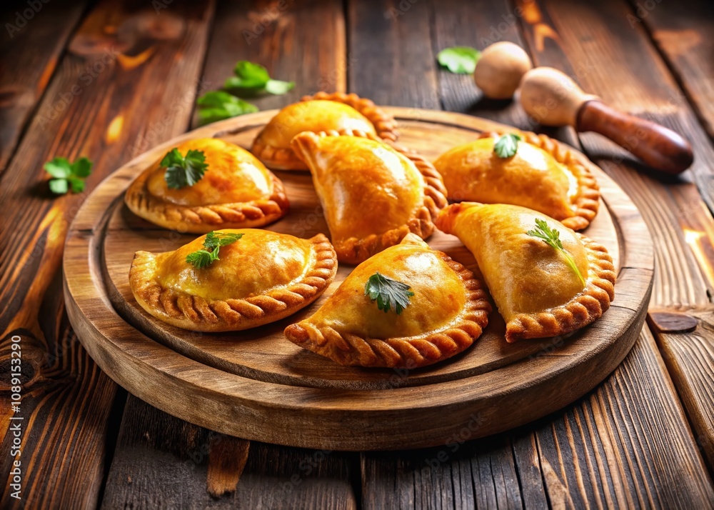 Close-Up Arrangement of Golden Brown Empanadas on a Wooden Cutting Board with Copy Space for Culinary Context and Recipe Ideas Close-Up Arrangement of Golden Brown Empanadas on a Wooden Cutting Board with Copy Space for Culinary Context and Recipe Ideas