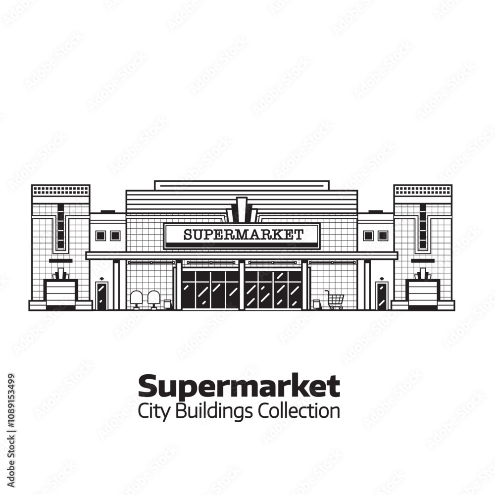Supermarket or Grocery Store Building in Line Art