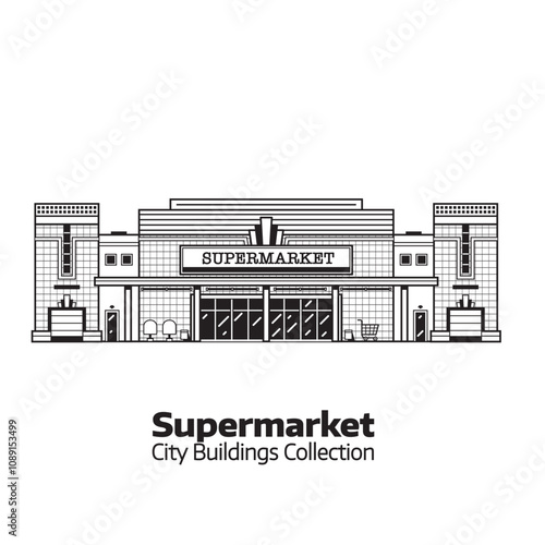 Supermarket or Grocery Store Building in Line Art