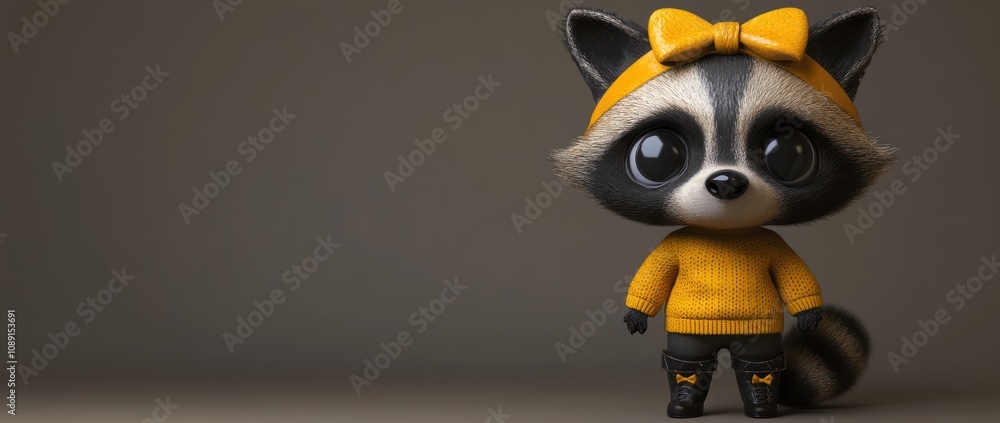 A cute cartoon raccoon character dressed in a yellow sweater and bow, standing against a neutral backdrop. A cute cartoon raccoon character dressed in a yellow sweater and bow, standing against a neutral backdrop.