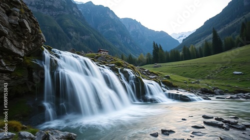 waterfall in the Bavona Swiss Alpine valley at dawn, rocky outcroppings, misty veil